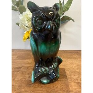 Blue Mountain Pottery Owl Figurine Green Black Drip Glaze Canada Vintage Pottery